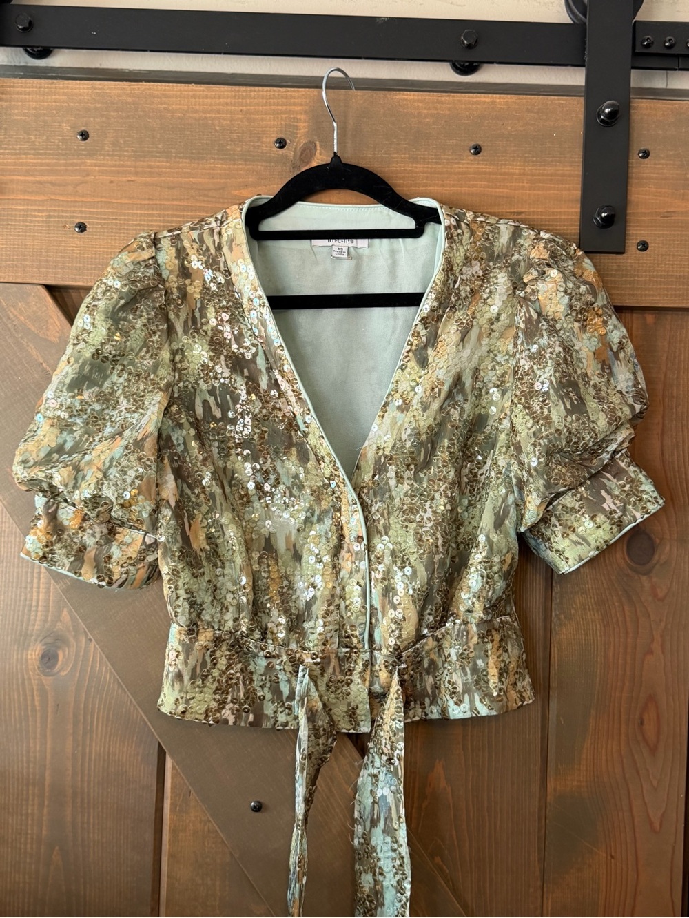 Sequin Puff-Sleeve Tie-Front Blouse in Sage Multi